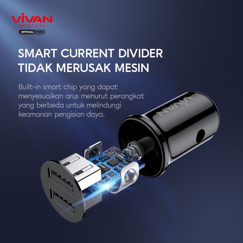 VIVAN Car Charger VCC01 2.4A Dual Port Small &amp; Portable with Charging Cable 100cm Garansi 1 Tahun