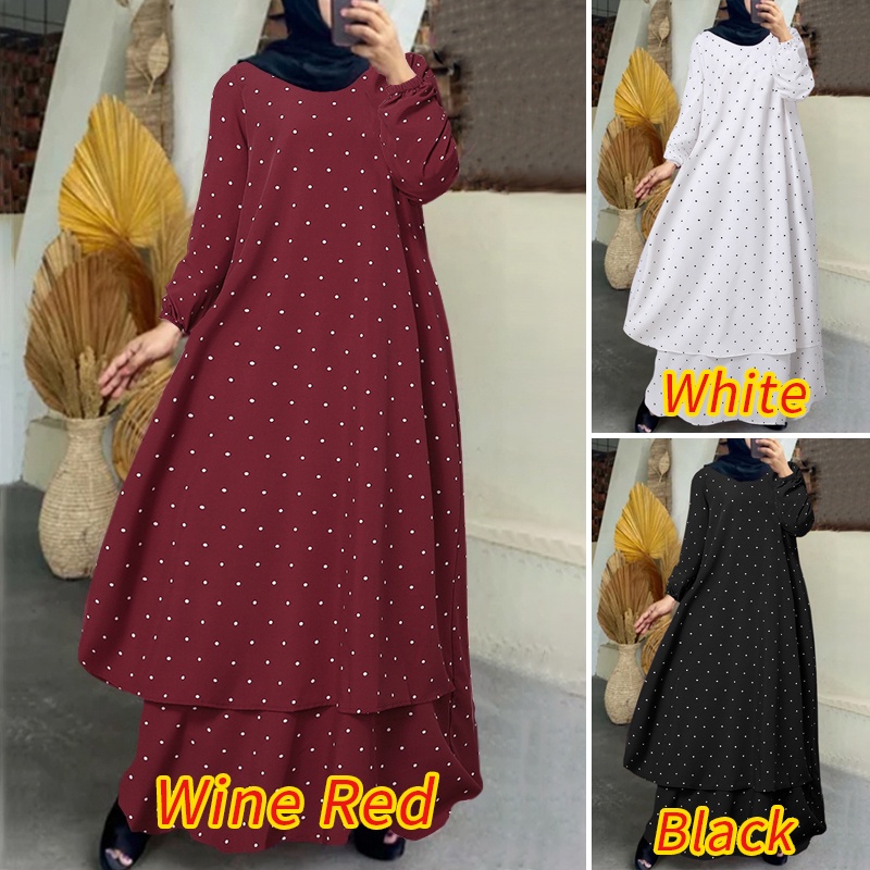 ZANZEA Women Elegant Polka Dot Long Sleeve O-neck Ruffle Muslim Maxi Dress