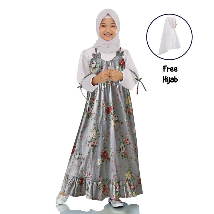 Ulikids Gamis Anak dan Hijab Bahan Katun Jepang Motif Bunga - Abu-abu, XS