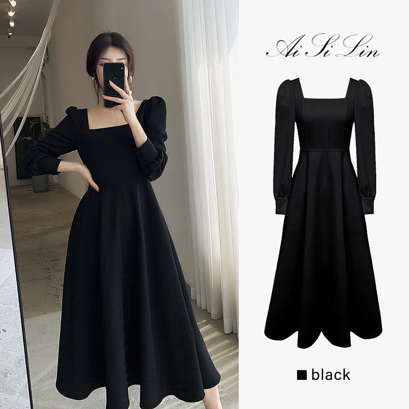 Rok Vintage Panjang U Neck Dress Lengan Panjang Korean Party Dress Square Neck