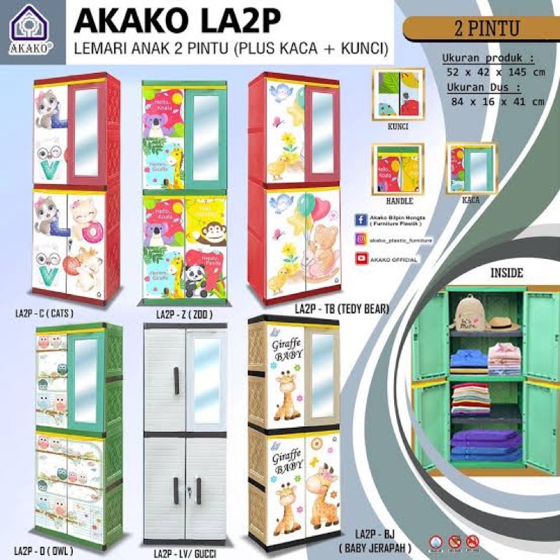 Lemari Plastik Pakaian  LA2p Akako (KUNCI + KACA)  Lemari Pakaian Anak Karakter  Lemari Anak MiniP