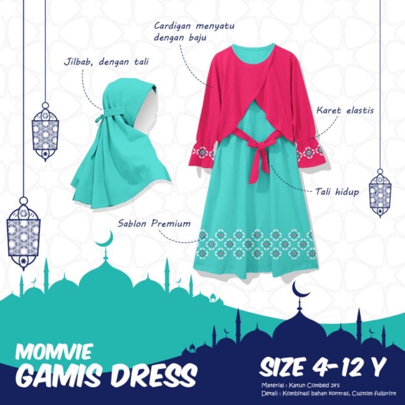 (4-12th) Gamis Cardy Anak Premium Set Hijab by MOMVIE gamis cardi Paddlekids gamis cardigan set hijab jilbab