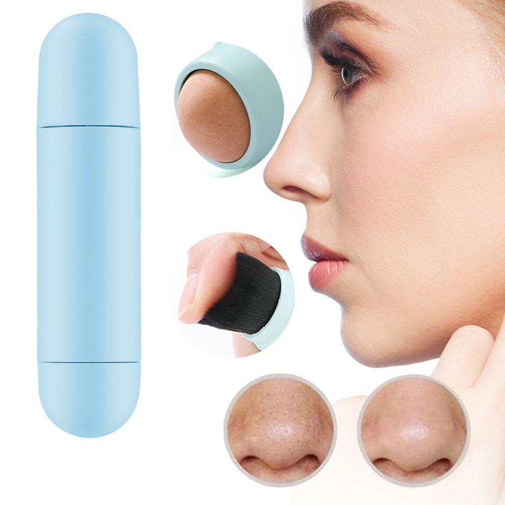 Needway   Roller Wajah Batu Vulkanik 2in1 Reusable Oil Alat Kembung Pijat Wajah Roller Pembersih Kontrol Minyak Wajah Dengan Kuas Foundation