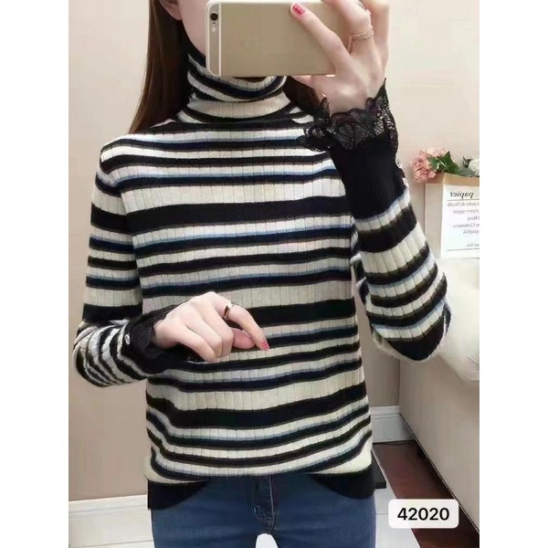 Sweater Top Turtleneck Stripes Knit Import TM (42020)