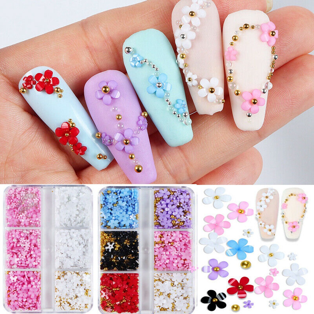 6 Grid / Box Manik-Manik Kristal Mutiara Bunga 3D Bahan Metal Akrilik Untuk Dekorasi Nail Art