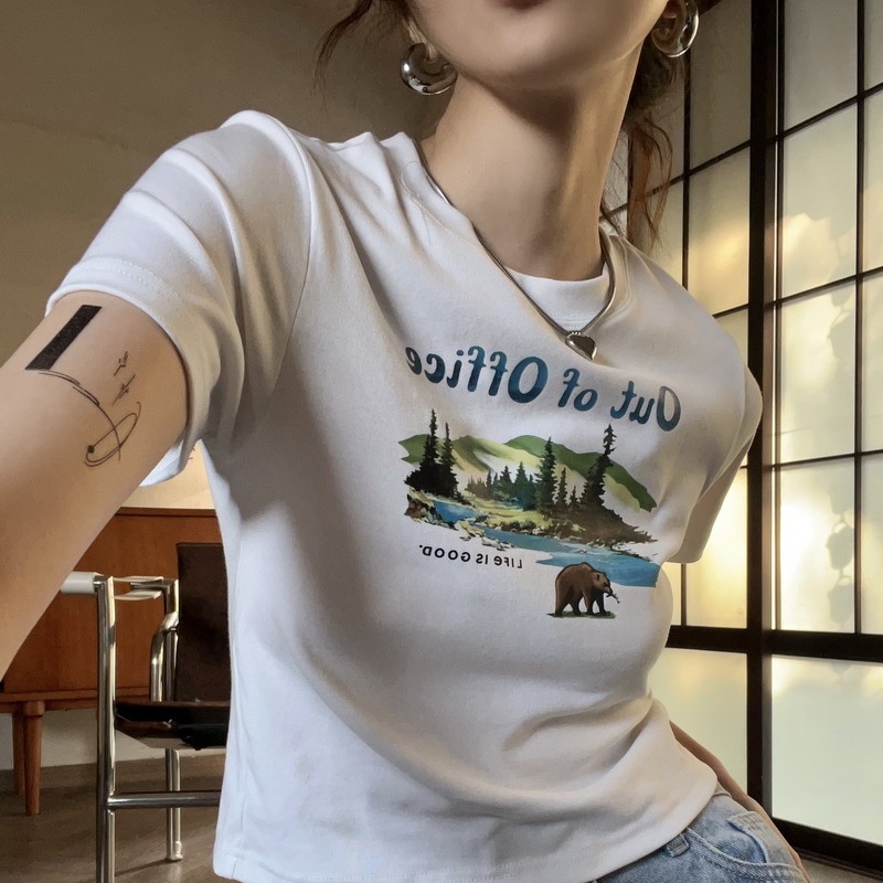 Musim Panas Baru Gadis Panas Amerika Retro Cetak Pusar Pendek Bm Angin Lengan Pendek T-shirt Wanita