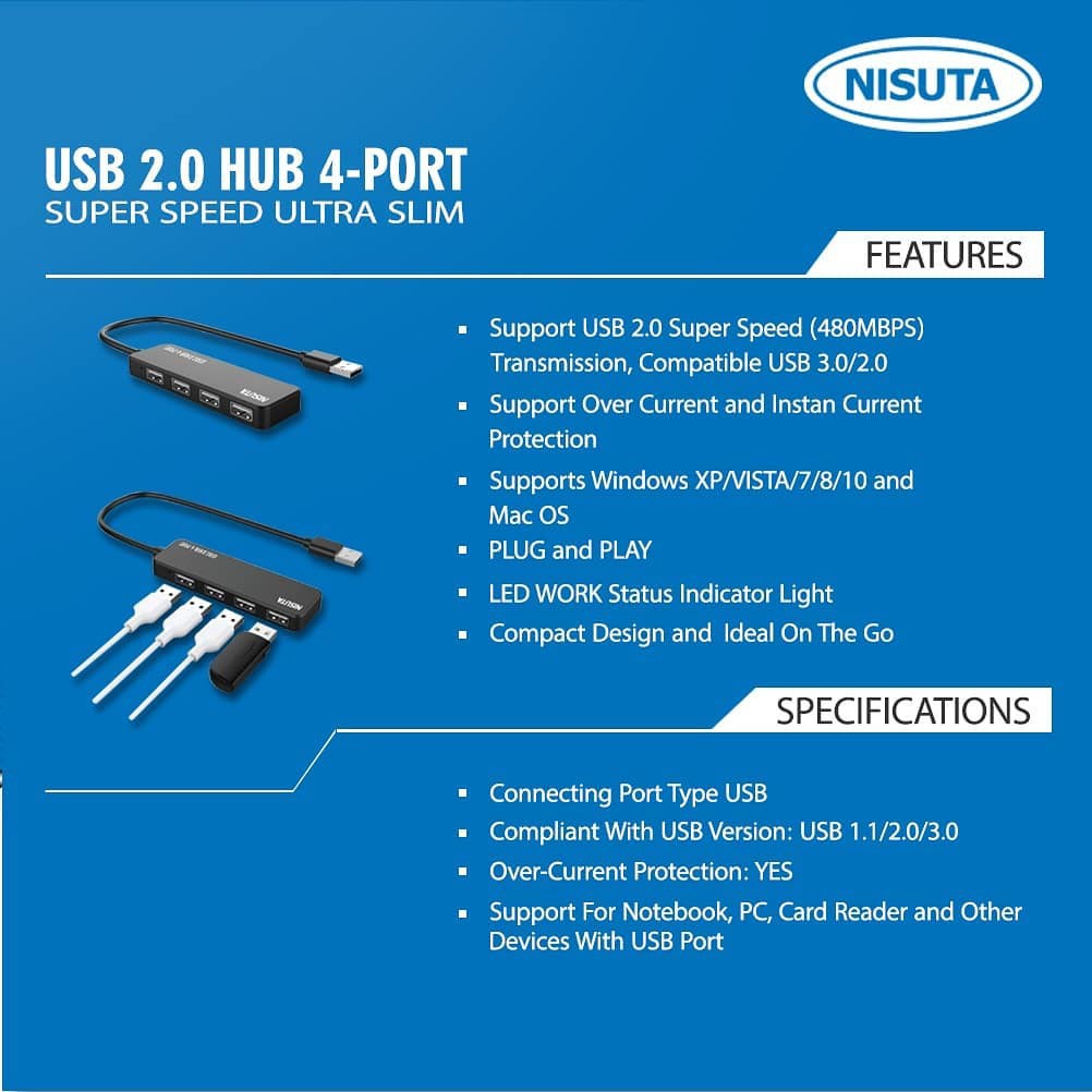 HUB USB 2.0 Nisuta HUB-011 4Port - USB HUB Slim