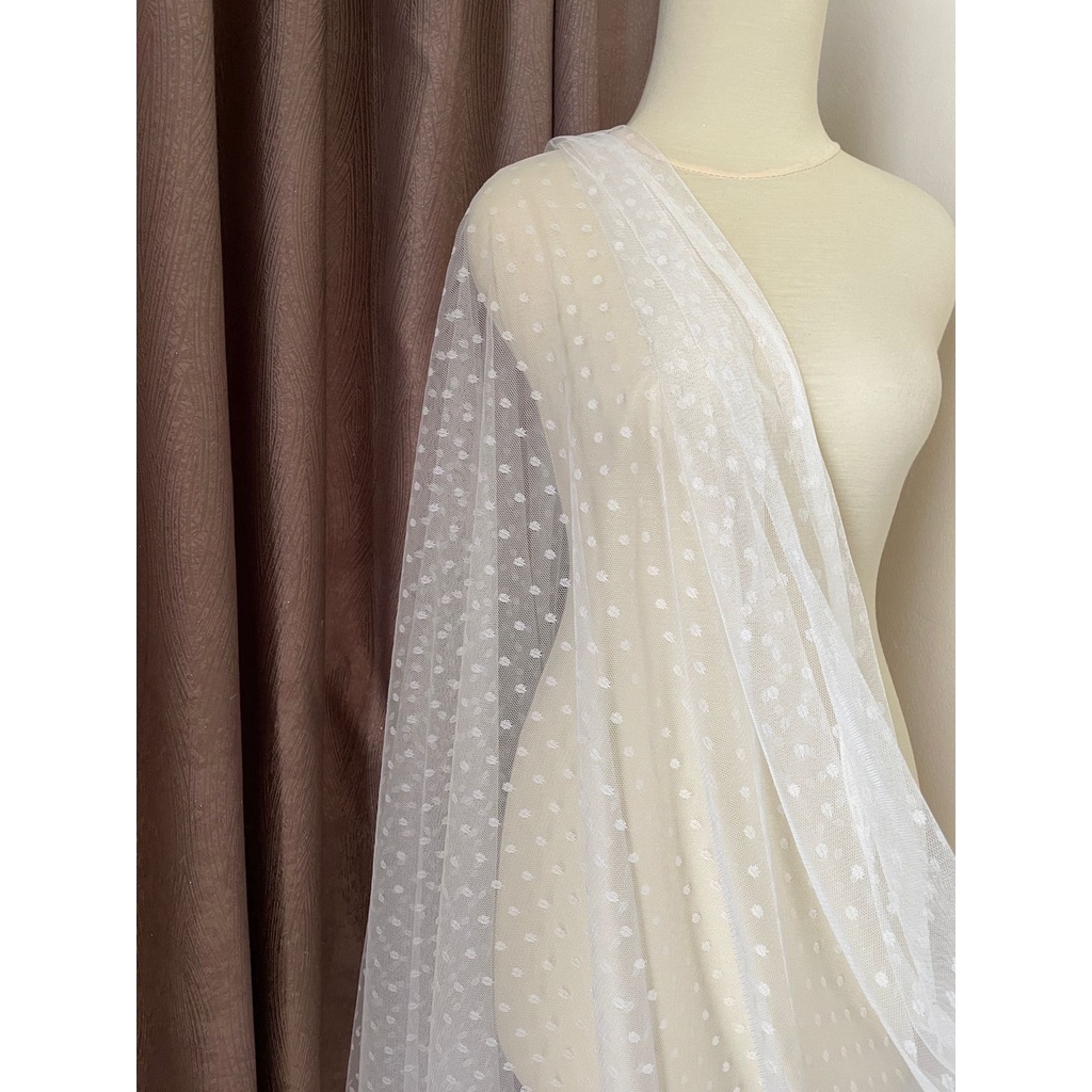 Bahan Kain Tile Tille Tule Tulle Dot Dotty Warna Putih Tulang Broken White