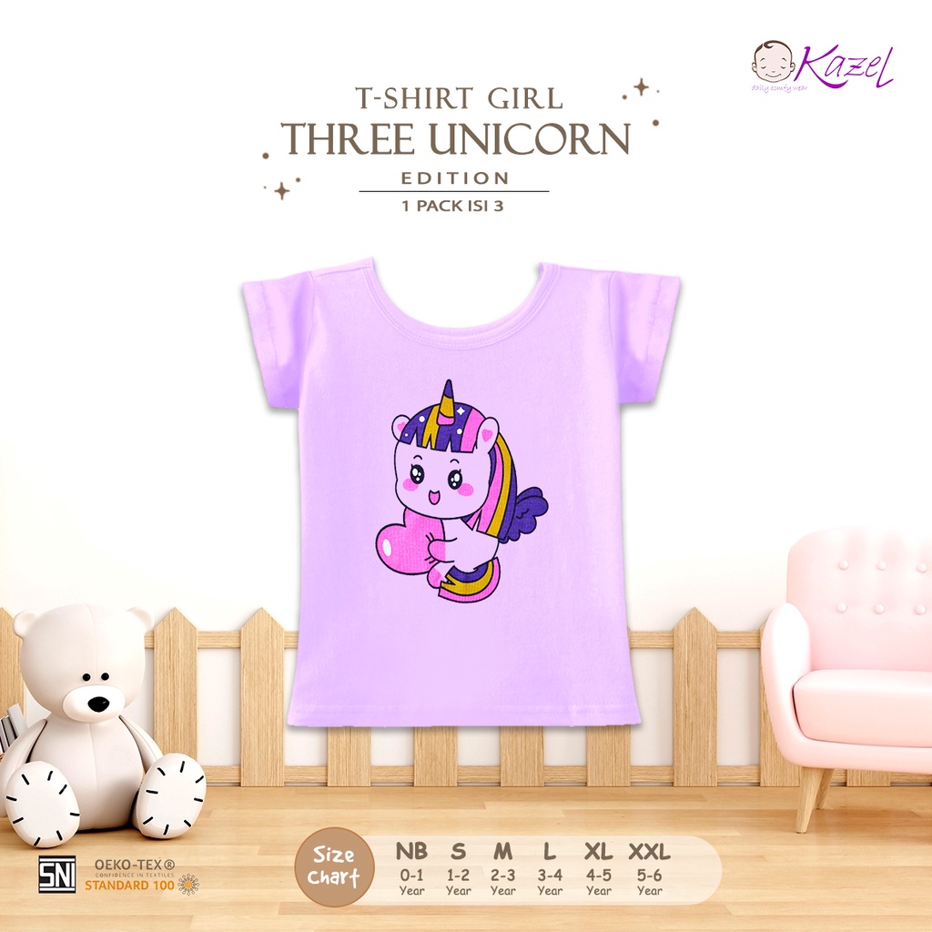 Kazel 3Pcs Tshirt Three Unicorn NB-XXL Tshirt Oblong Tipis Adem Nyaman Anak Perempuan CBKS