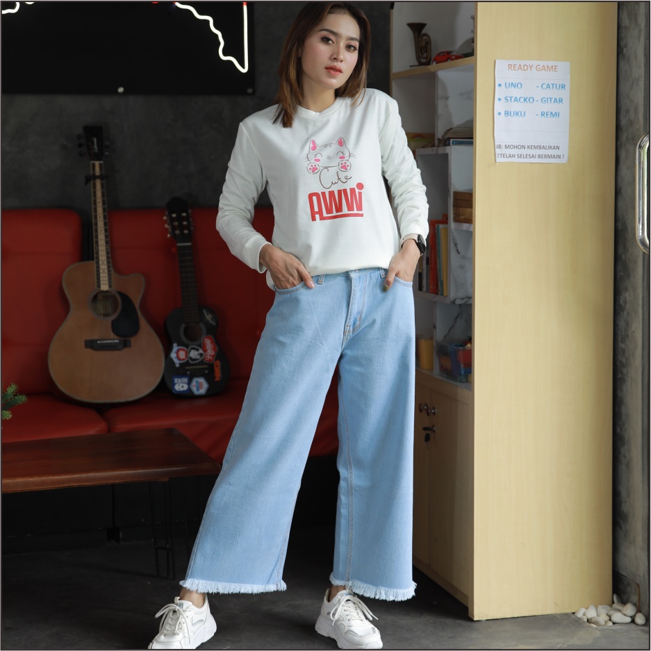 DEYAN - Celana kulot jeans rawis wanita tebal premium-LIGHT BLUE