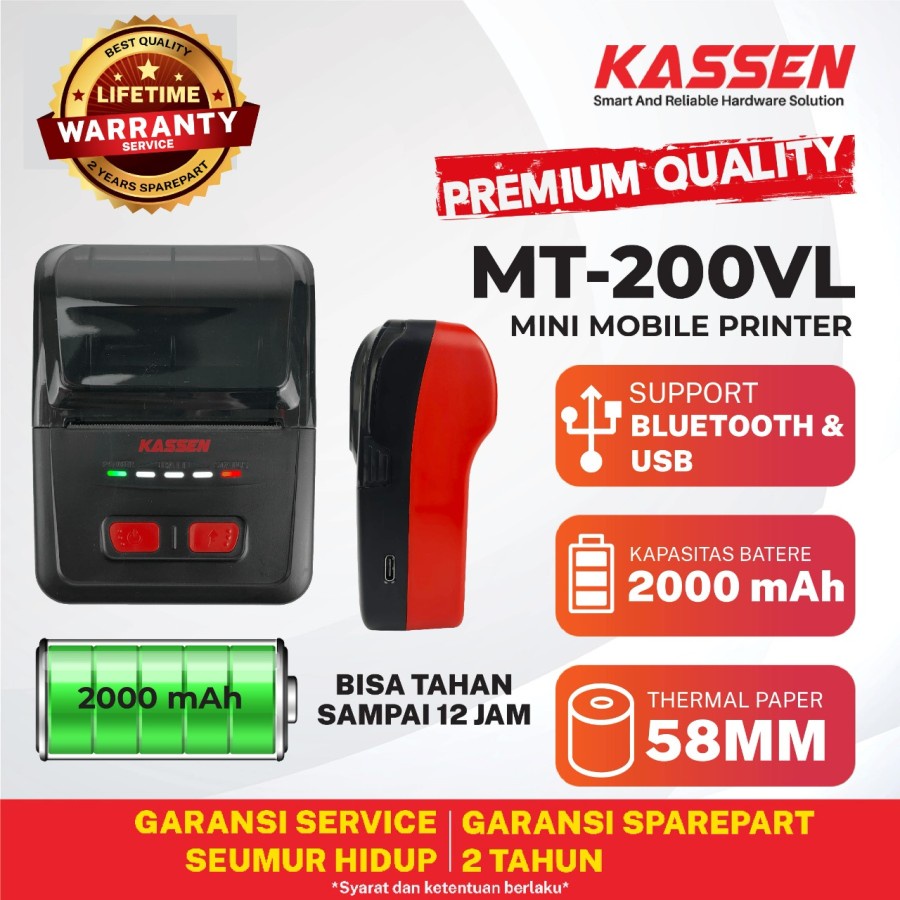 PRINTER BLUETOOTH THERMAL MOBILE KASSEN MT 200 VL CETAK STRUK 58MM