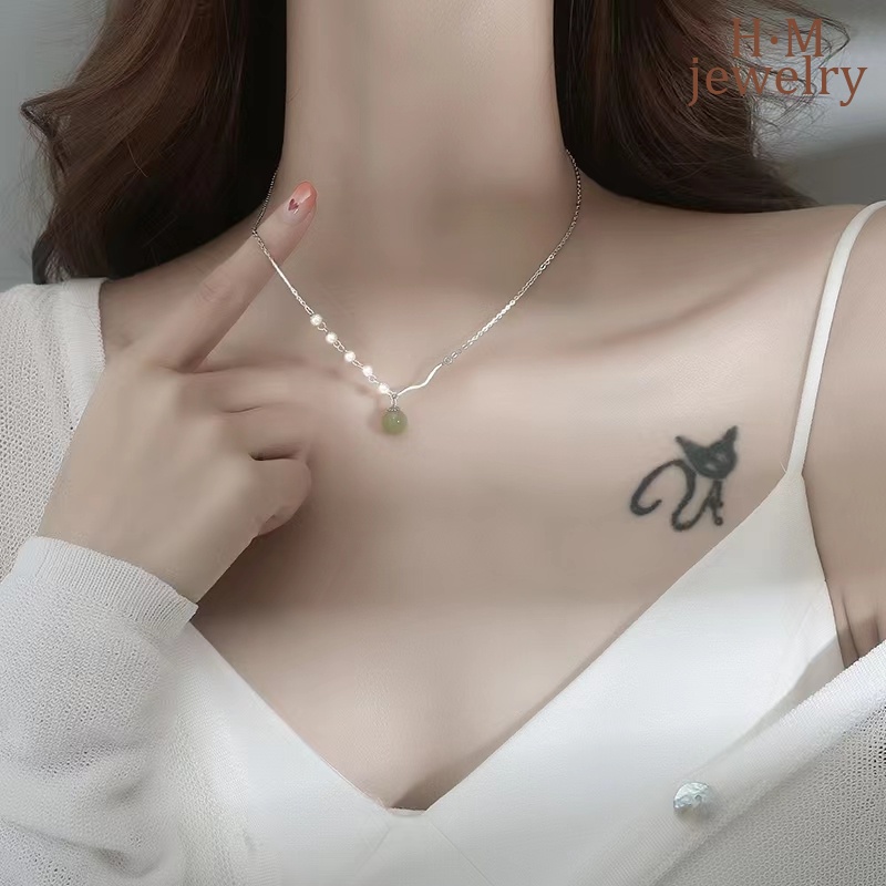 Kalung Rantai Sterling Silver 925 Handmade Dengan Liontin Batu Giok Hetian Untuk Wanita