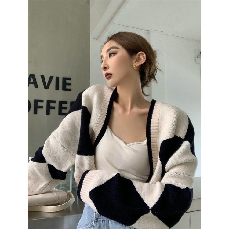 cardigan wanita rajut crop korean style Kotak-kotak lengan panjang loose knitwear