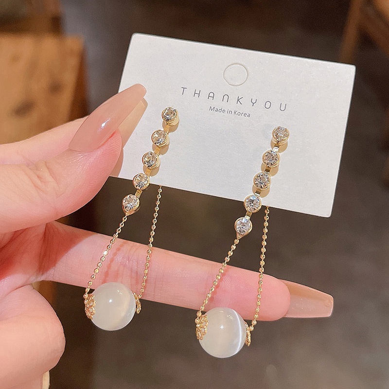 Anting Rumbai Panjang Bahan 925 silver needle Aksen Opal zircon Untuk Wanita