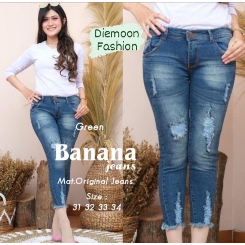 BANANA JEANS PANTS 7/9 SOBEK DEPAN BAWAH Ripped Jeans Rekomedasi Influencer Tik Tok