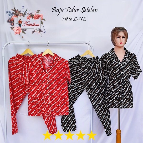 BAJU TIDUR PIYAMA PAJAMAS SETELAN DEWASA WANITA MOTIF BRANDED BAHAN KATUN JEPANG BABYDOLL KANCING DEPAN BUSUI FRIENDLY LENGAN PENDEK CELANA PANJANG ALL SIZE