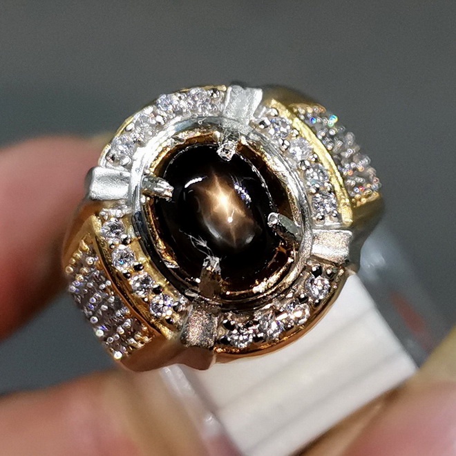 Cincin Batu Bangsing Asli natural Black Sapphire Star Golden