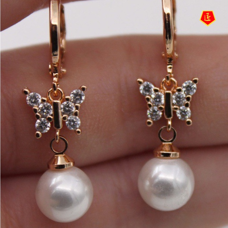 [Ready Stock]New 18K Rose Gold Pearl Butterfly Diamond Earrings