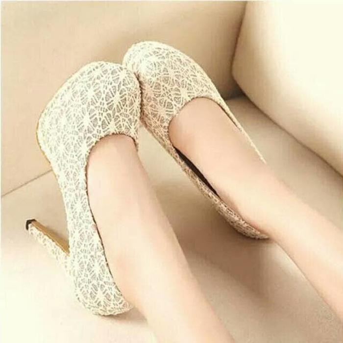Fashion Wanita High heels brukat 12 cm (Cream) Masa Kini