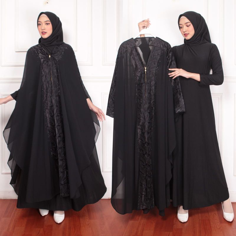 GAMIS ABAYA TURKEY ROMPI KALONG BORDIR GOLD MAROON HITAM