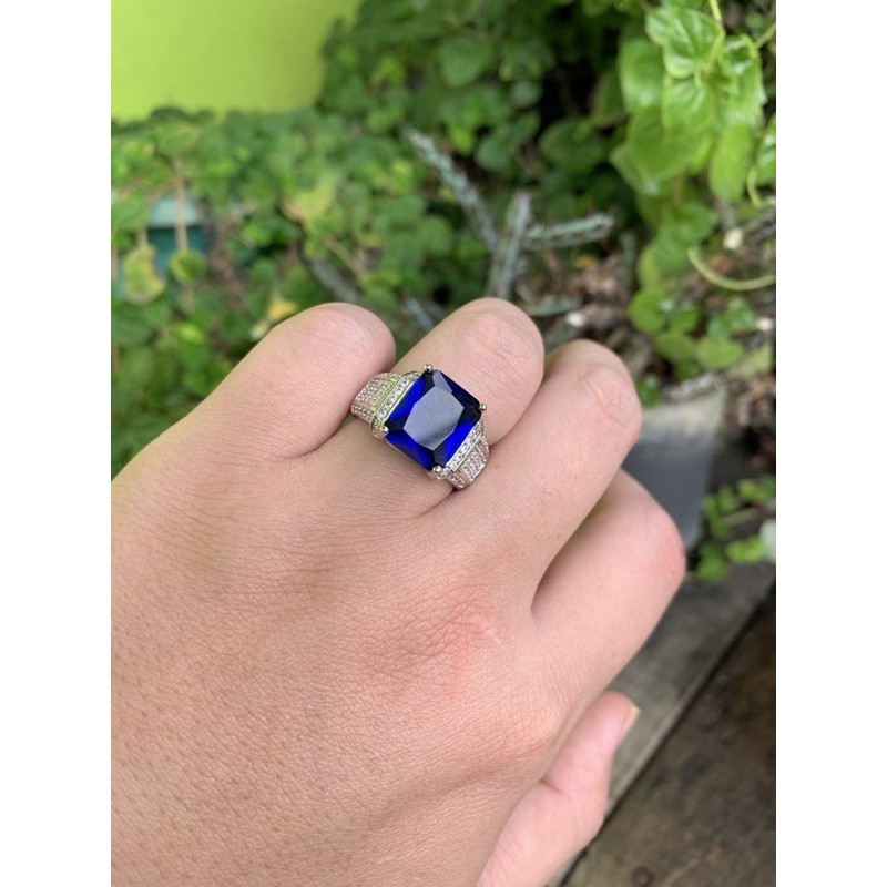 Cincin Pria Perak Blue Saphire Elegan Mewah Berkelas Safir Biru