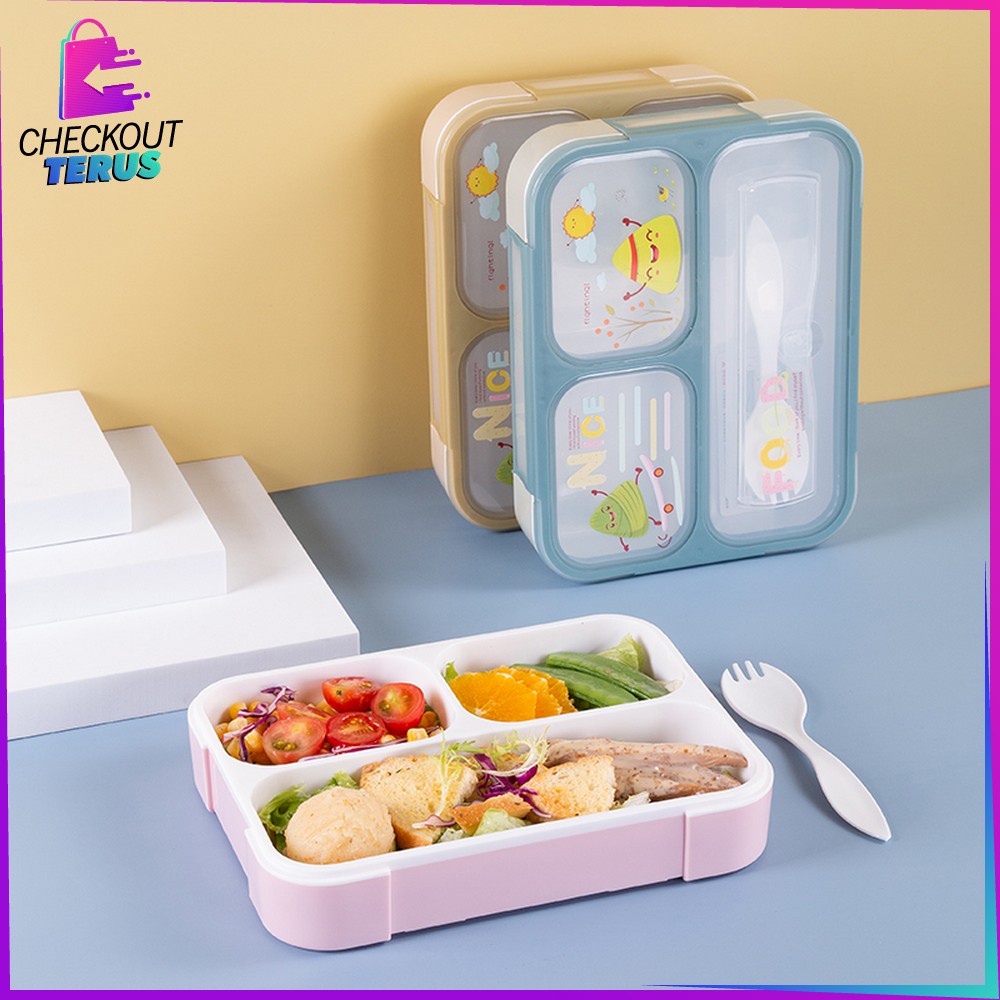 CT C448 C449 Tempat Makan Anak Set 3 Sekat Karakter Dengan Sendok Kotak Bekal Anak Motif Lucu Lunch Box BPA FREE