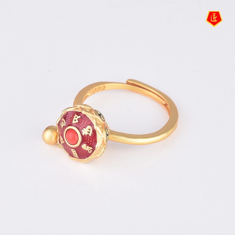 [Ready Stock]Ethnic Style Lucky Prayer Wheel Opening Gold Ring