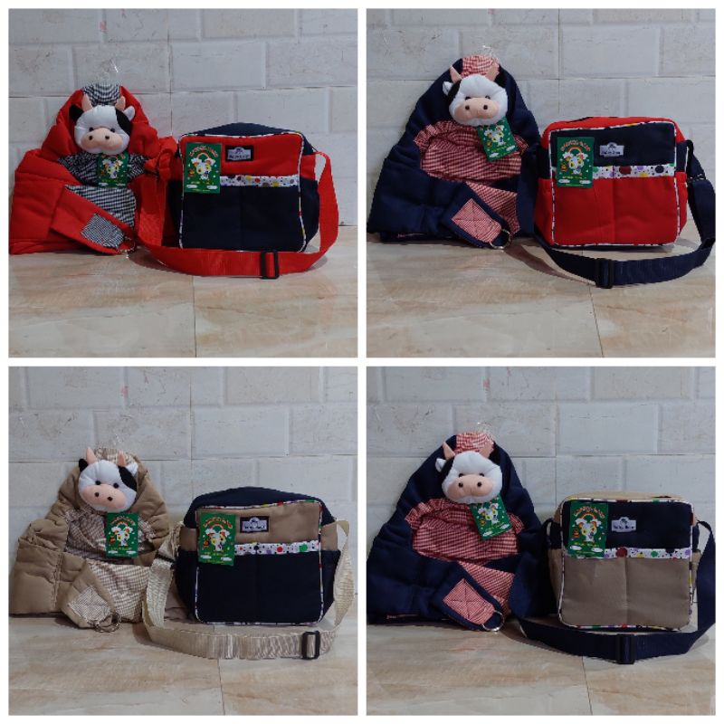 Paket Hemat (2 in 1) Tas Bayi Polka Dan Gendongan Bayi Samping Kerut Topi Boneka Sapi