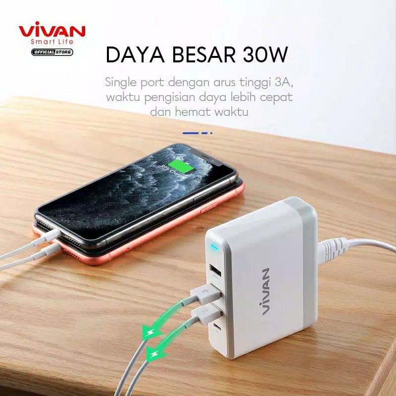 Vivan XQ4 30W 4 Port Output PD/QC3.0 &amp; Blue LED Light Charger Station