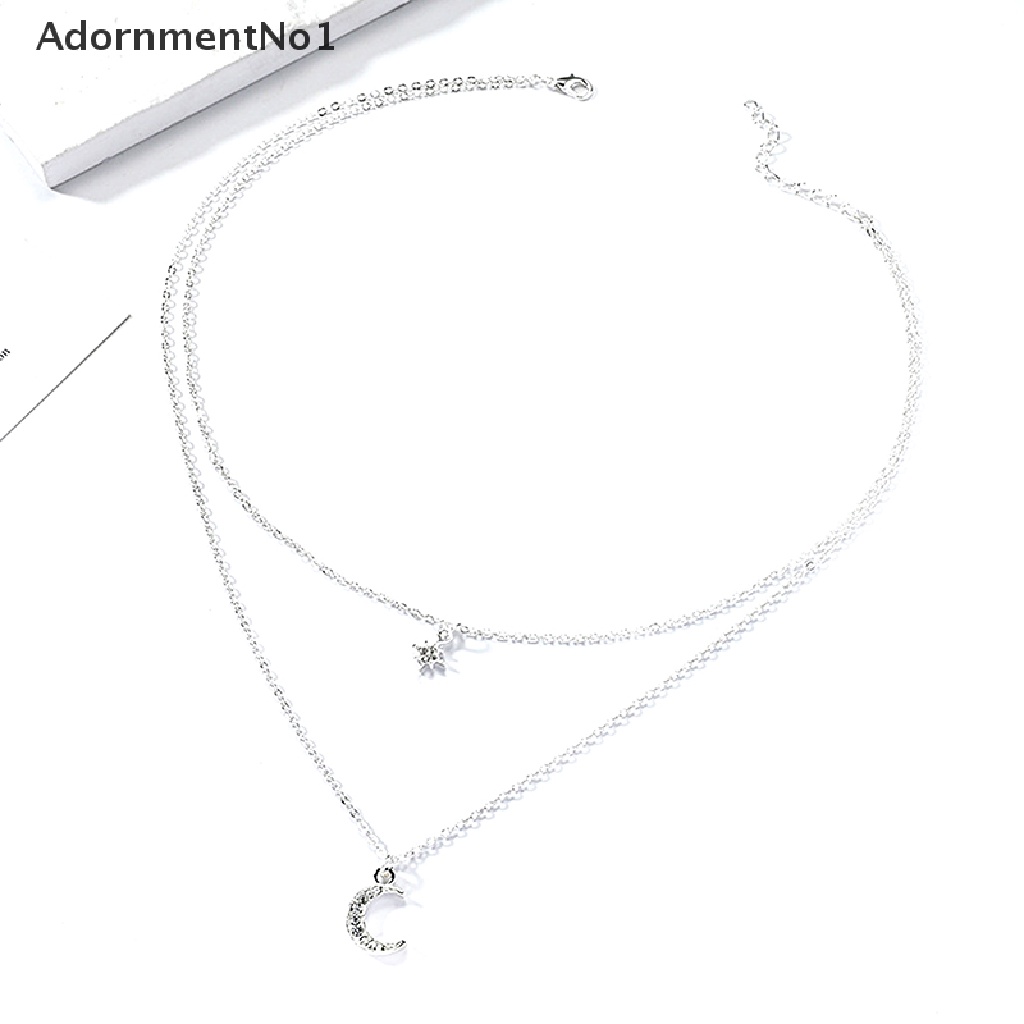 (AdornmentNo1) Kalung Choker Rantai Dua Lapis Dengan Liontin Bulan + Bintang Untuk Wanita