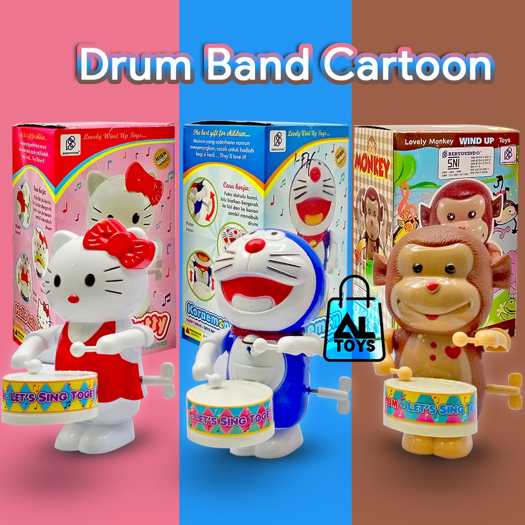 Mainan Drum Band Putar Kunci Karakter Lucu Mainan Drum Band Hello Kitty / Doraemon / Monyet Musik Bayi