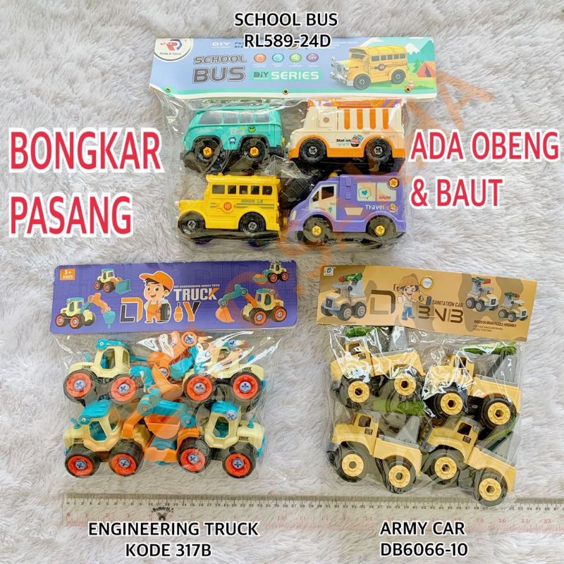MAINAN TRUK MOBIL DIY ASSEMBLE TRUCK ISI 4 PCS KEMASAN KANTONG SCHOOL BUS AIRPORT AVIATION PESAWAT T