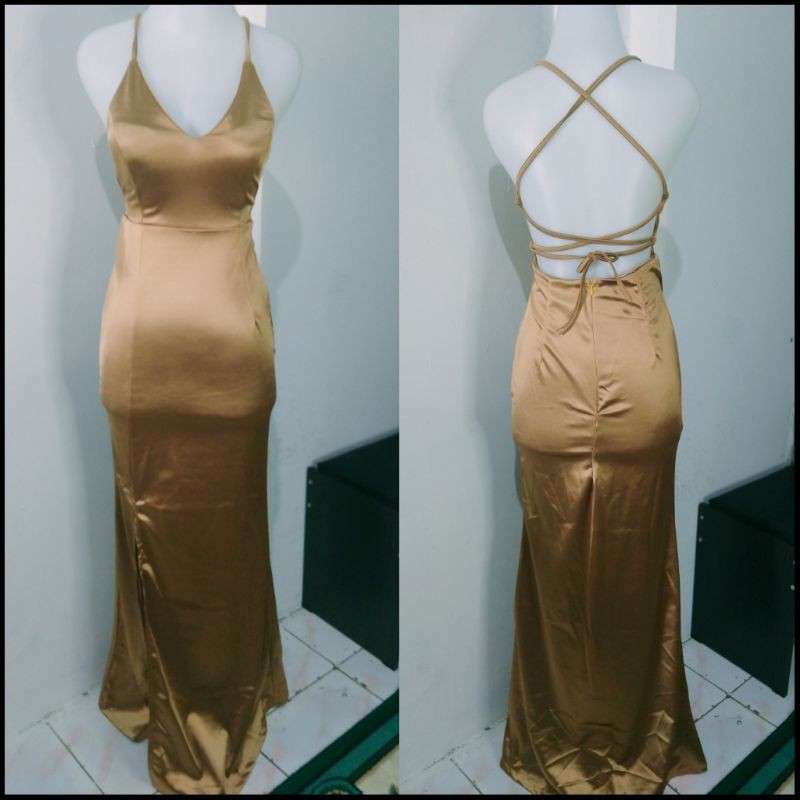 Dress Satin coklat gold/ long dress import