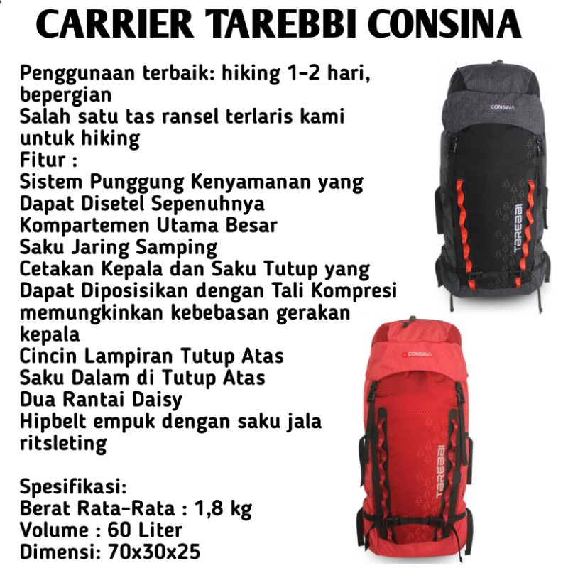 Tas gunung carrier consina terebbi 60L up to 70L Original terebbi