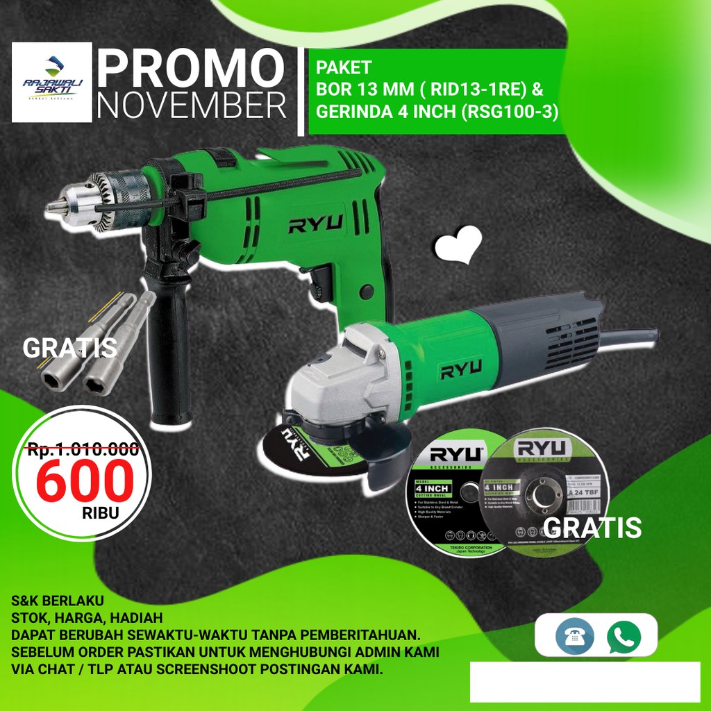 RYU PAKET Bor Tangan Ryu RID 13-1 RE + Gerinda Ryu Rsg 100-3