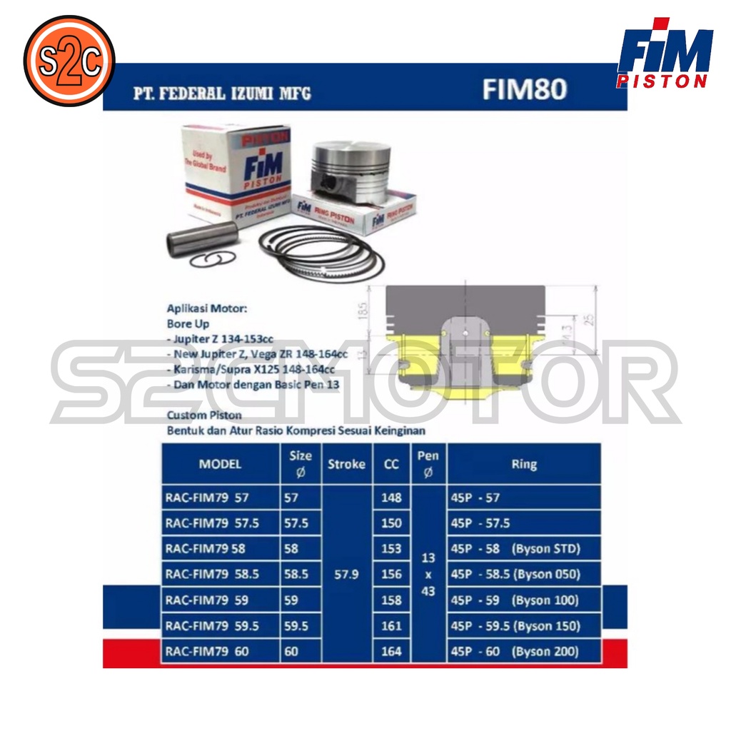 PISTON KIT MODIF MENTAHAN FIM80 PIN 13 FIM 80 JUPITER SUPRA BEAT VARIO-2