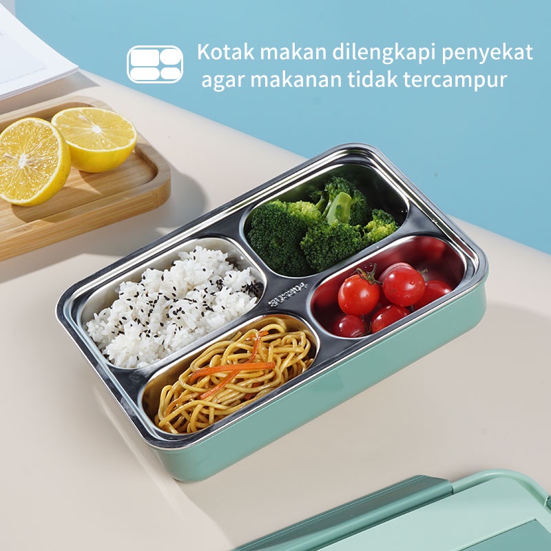 Letyeah &amp; Kaizenliving Lunch box 304 stainless steel kotak makan 4 girds anti tumpah /free sendok dan sumpit