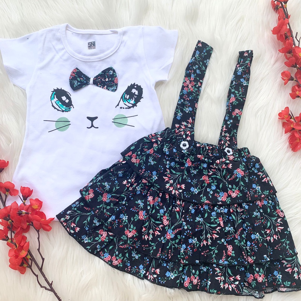 Baju setelan kaos overall dress motif bunga fashion anak bayi cewek perempuan baby girl murah -mii-Overall black