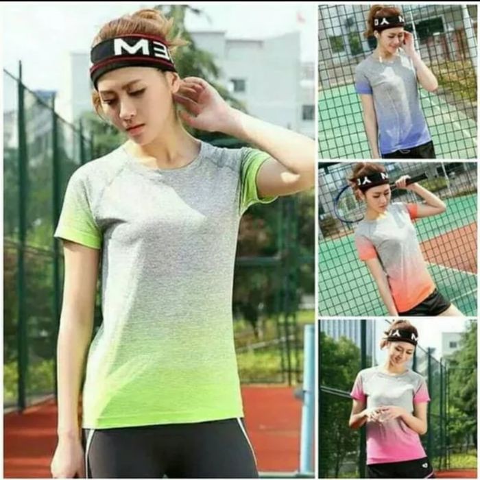 [Hanya Kaos] Kaos Olahraga Wanita Sport Salur Tangan Pendek TM18 / Baju Olahraga Cewek Import Quality Sport Tshirt Wanita Kaos Senam Atasan Olahraga