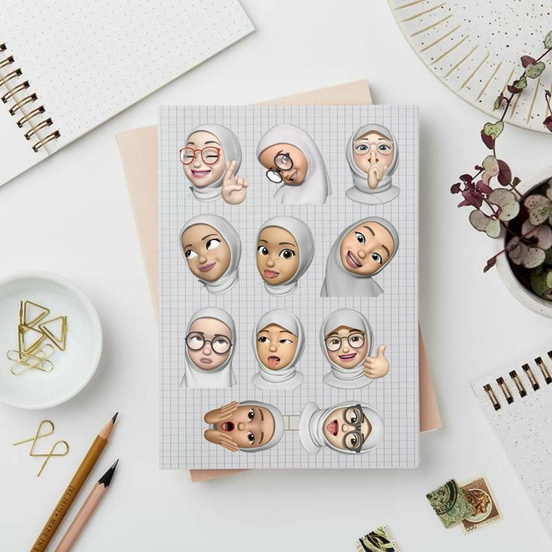 11 stiker aesthetic animoji face hijab putih