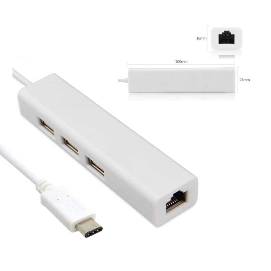 USB TYPE C 3.1 TO LAN ADAPTER WITH USB HUB 3 PORT - USB TIPE C TO RJ45