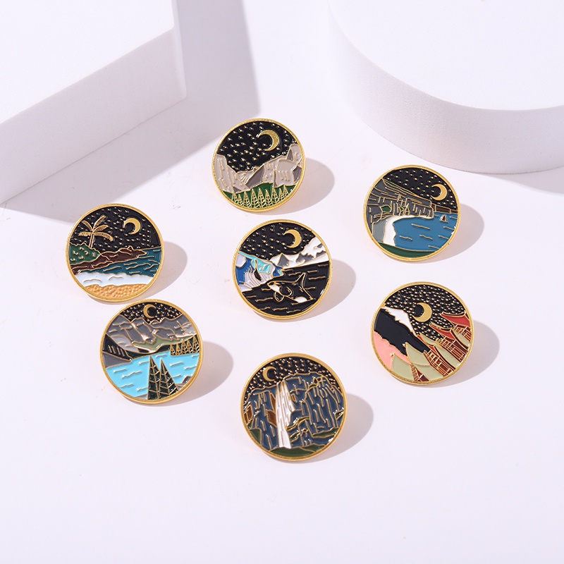 7 Styles Cartoon Starry Sky Moon Lapel Pin Mountains River Enamel Brooch Whale Backpack Badge Collectible Gift