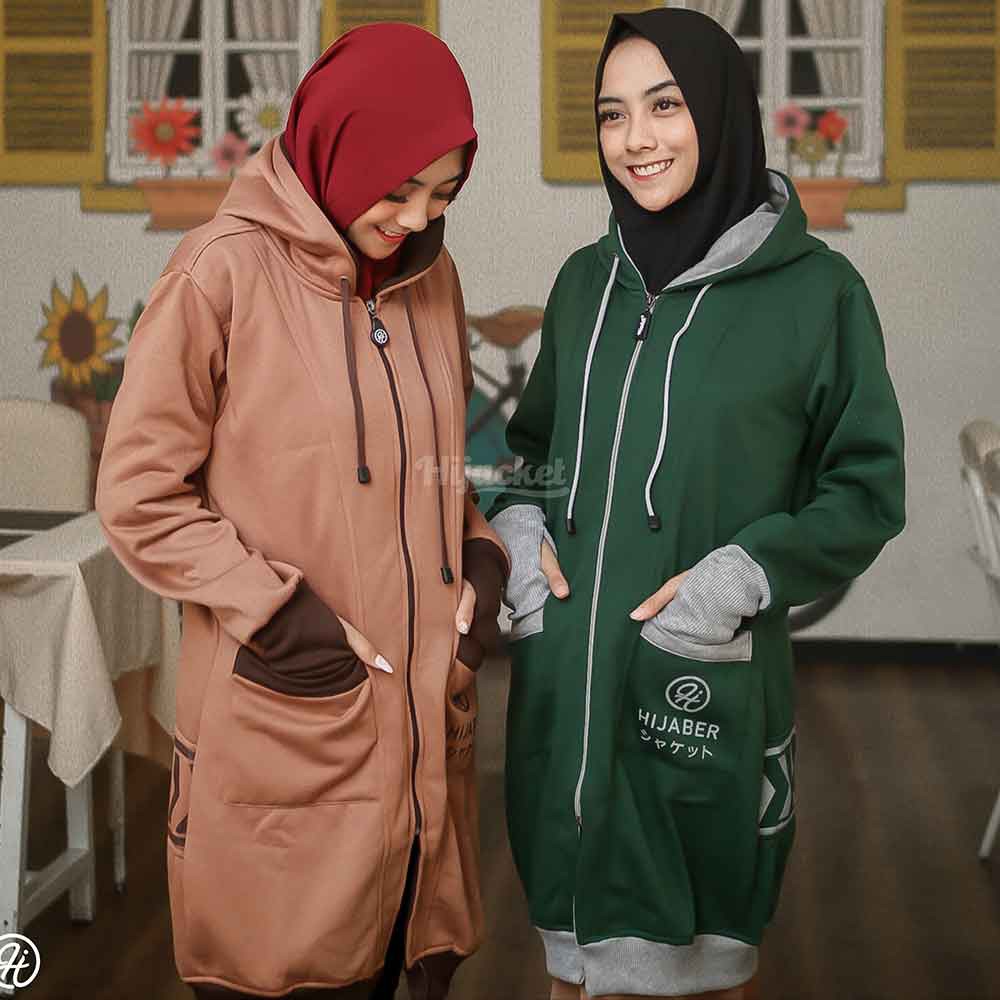 Jaket Jacket Hoodie Panjang Muslimah Wanita Cewek Hijaber Kekinian Roundhand Finger Coklat Hijau YK-3