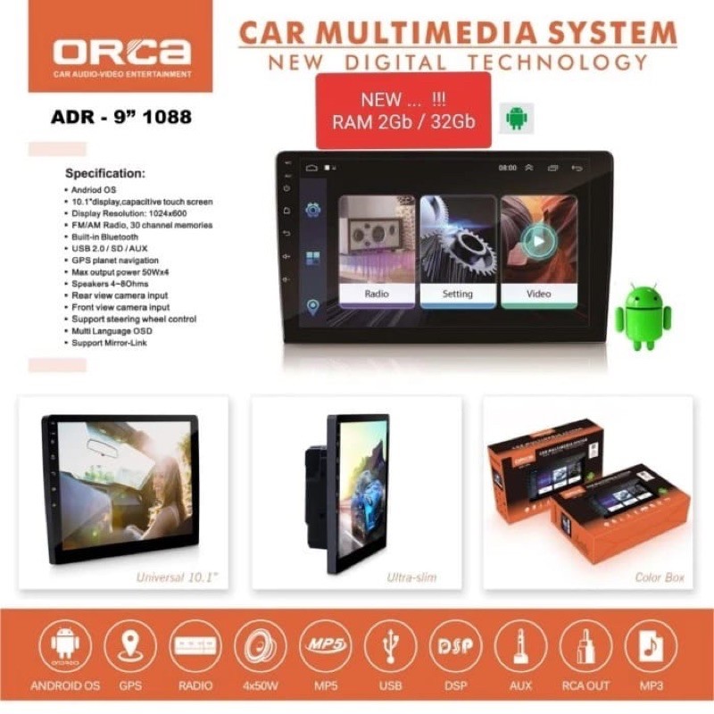 Head Unit Double din ANDROID 9 inch ORCA ADR-1088 ADR1088 ADR 1088 - RAM 4gb ROM 64Gb Voice Command