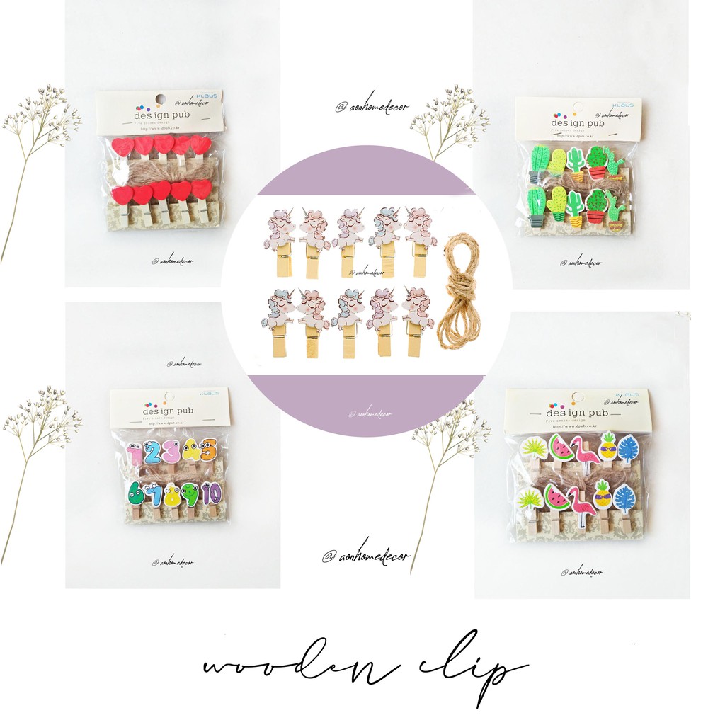 [MURAH BISA COD] ISI 10 WOODEN CLIP POLAROID/ PENJEPIT FOTO UNICORN CACTUS LOVE 4 CM X  7 MM+TALI
