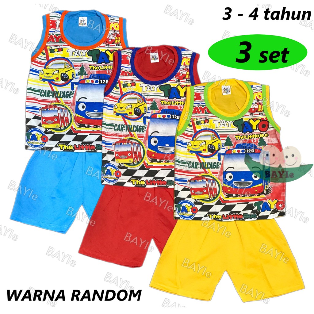 BAYIe - 3 SET Setelan Kaos Oblong KUTUNG Anak Laki/Perempuan Motif Gambar Random HOOKA umur 3 - 4 Tahun