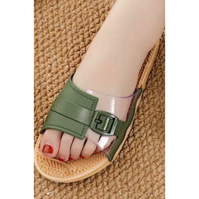 Sandal Slop Rematik Wanita Ban Warna Gesper Mika Transparant Cantik Import Mokaya/Size 37-41(1968-981/A))-Hijau