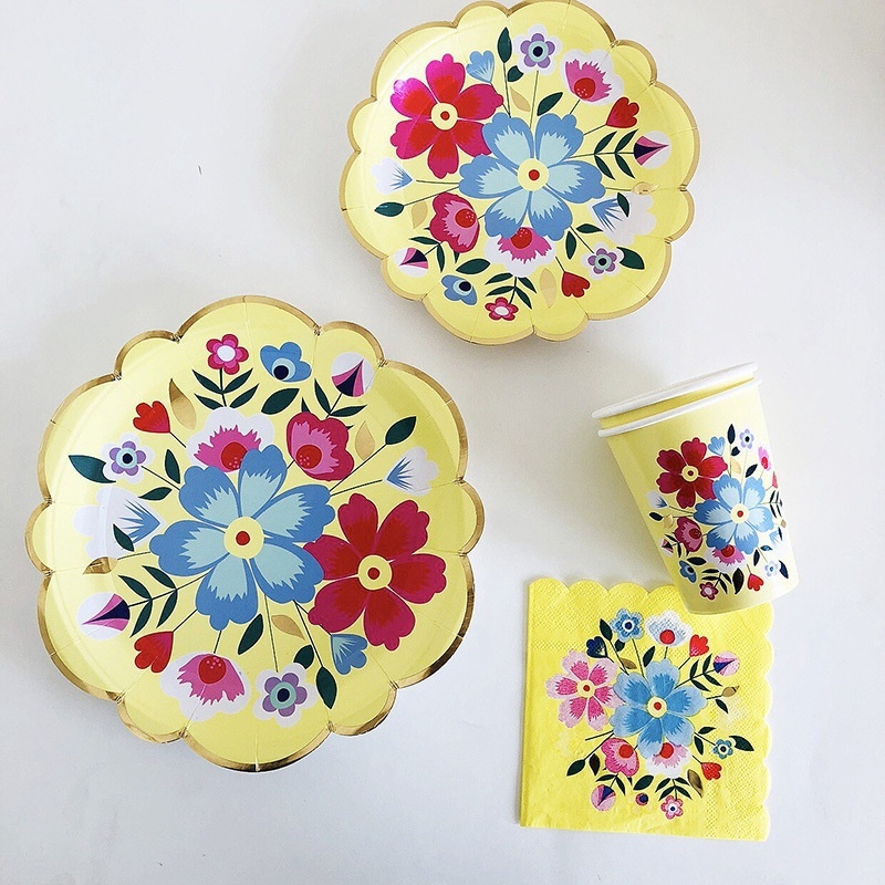 Chinese Series Paper Plates Paper Cups Napkins Flower Pattern Tableware Afternoon Tea Cake Plate