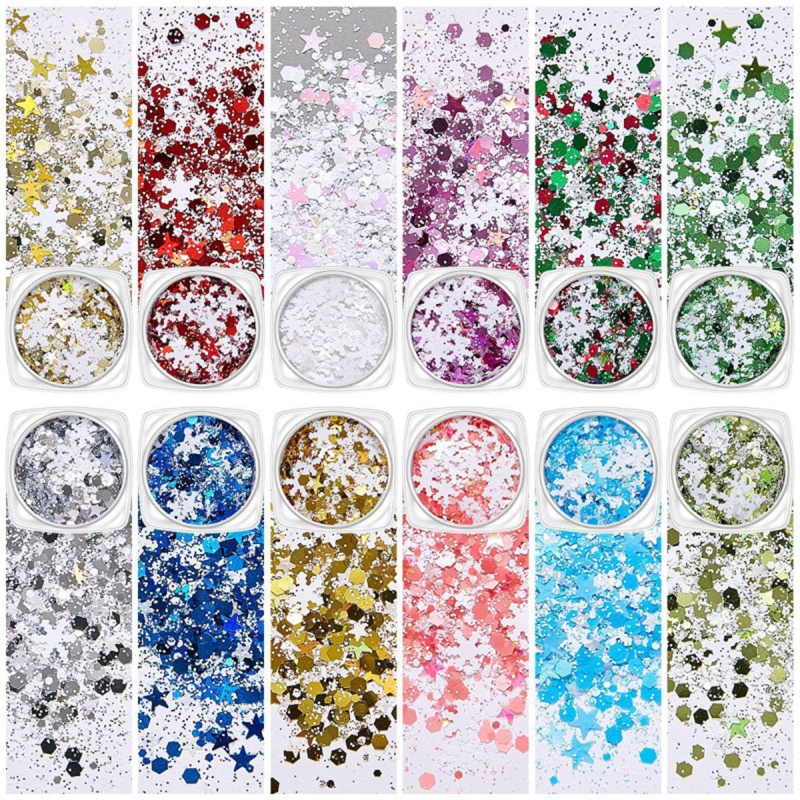 Zzz 12 Sekat / Kotak Payet Glitter Bentuk Snowflake Untuk Dekorasi Nail Art DIY Confetti