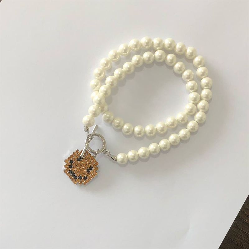 Kalung Mutiara Rantai Wanita Dengan Liontin Bentuk Smiley Gaya Retro Korea